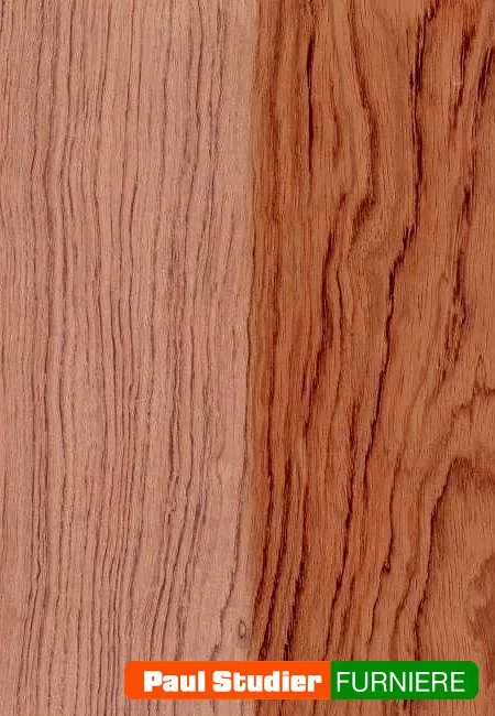 Furnierbild Bubinga (Schnittholz) – Rotbraun mit dunkleren Streifen