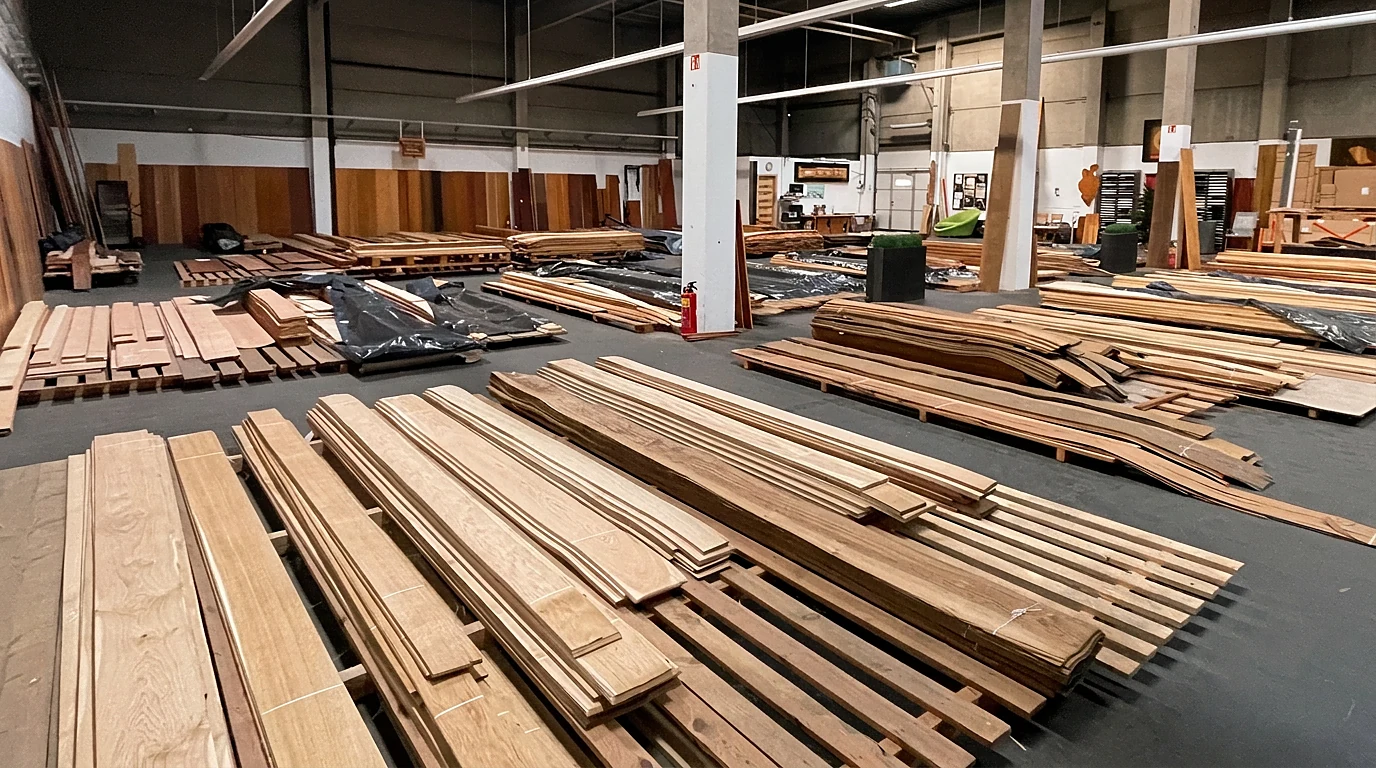 Weitläufiger Showroom von Studier Furniere mit ausgelegten Furnierpaketen