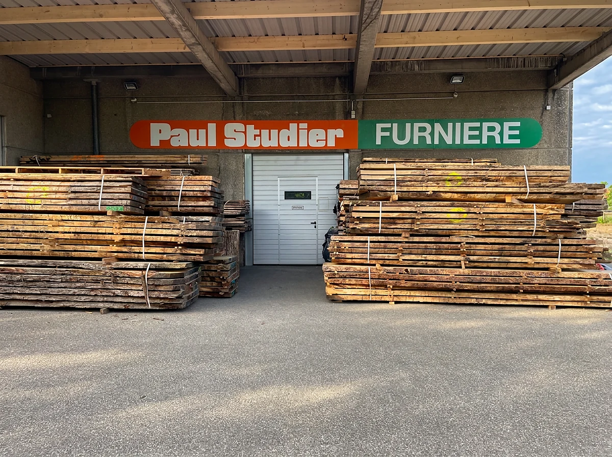 Eingang von Studier Furniere mit gelagerten Holzbohlen