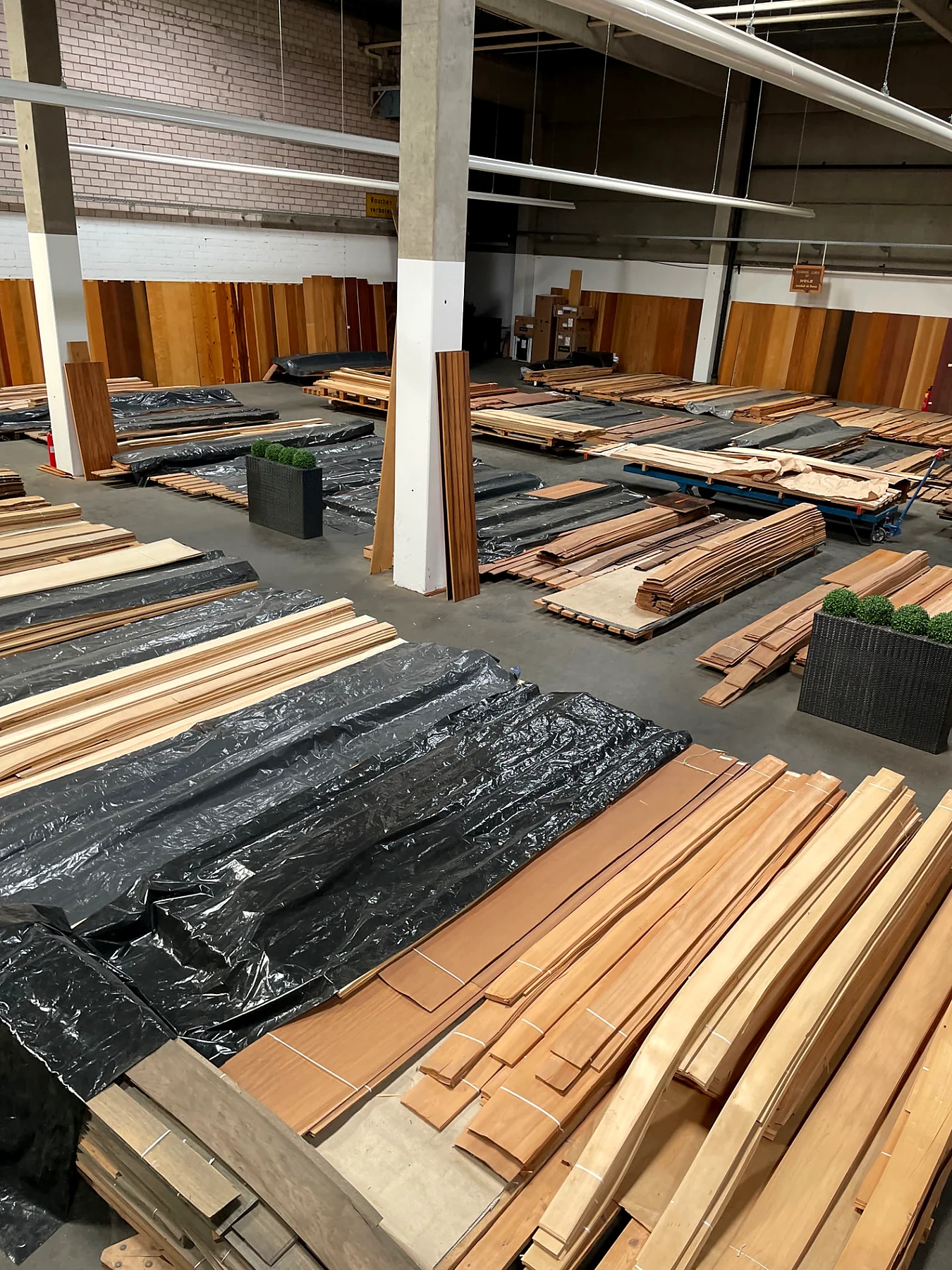 Blick in die Lagerhalle mit ausgelegten Furnierpaketen